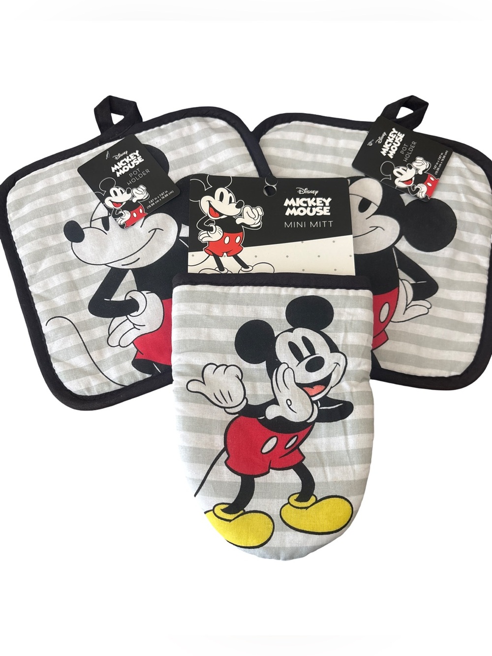 Disney Mickey Mouse Kitchen Mitt Pot Holders Set 3 PC GrayRed Yellow Black